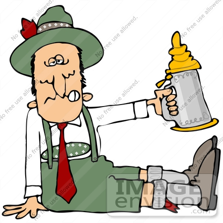 #34105 Clip Art Graphic of a Collapsed Drunk Man At Oktoberfest, Seated On The Floor And Holing Up A Stein by DJArt