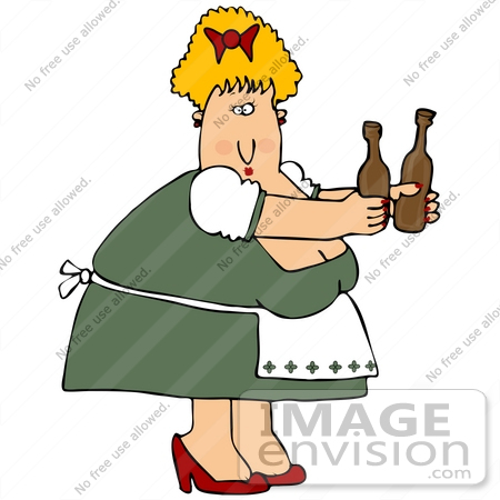 #34106 Clip Art Graphic of a Flirty Chubby Blond Lady Serving Bottles Of Beer At Oktoberfest by DJArt