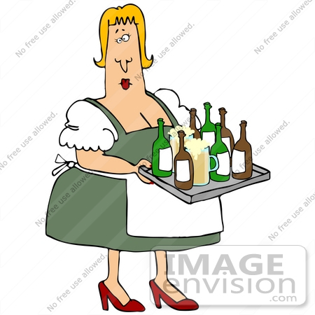 #34107 Clip Art Graphic of an Overweight Blond Oktoberfest Lady In Heels, Carrying A Tray Of Booze by DJArt