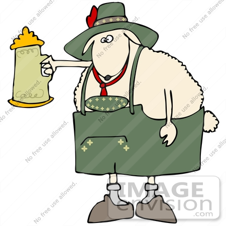 #34109 Clip Art Graphic of an Oktoberfest Sheep Holding Up A Stein Of Beer by DJArt