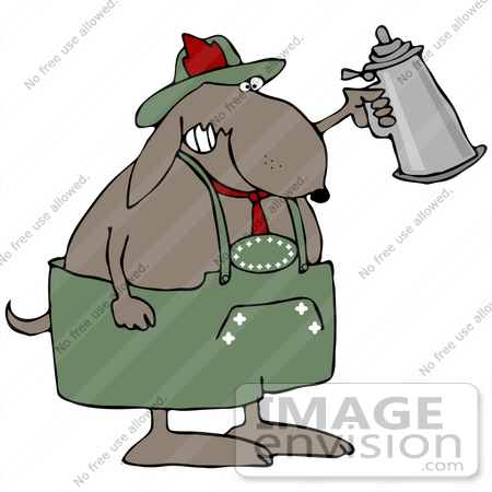 #34110 Clip Art Graphic of an Oktoberfest Dog Getting Drunk And Holding Up A Beer Stein by DJArt