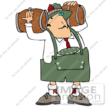 #34111 Clip Art Graphic of an Oktoberfest Man Delivering Beer Kegs, Carrying Two Wood Barrels On His Shoulders by DJArt