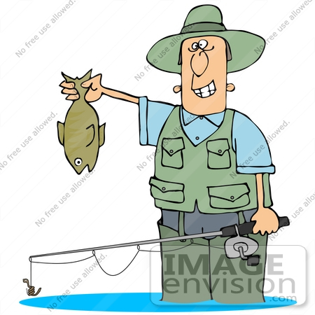 #34116 Clip Art Graphic of a Man Grinning And Holding His Tough Catch While Wading In The Water With His Pole by DJArt