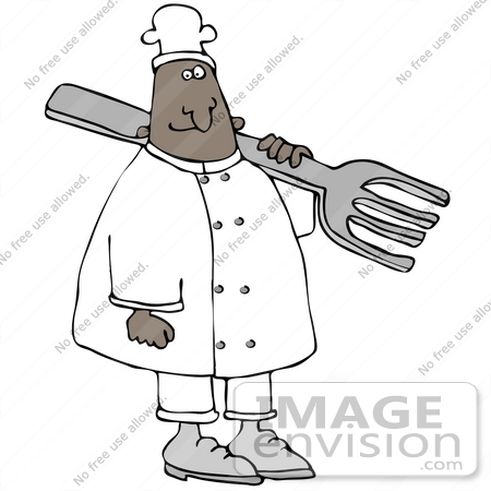 #34120 Clip Art Graphic of a Male African American Chef In A White Uniform, Carrying A Giant Silver Fork On His Shoulder by DJArt