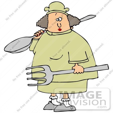 #34121 Clip Art Graphic of a Female Caucasian Chef In A Yellow Uniform, Carrying A Giant Fork And Spoon by DJArt
