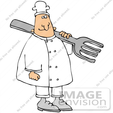 #34122 Clip Art Graphic of a Caucasian Male Chef In White, Carrying A Giant Fork Over His Shoulder by DJArt
