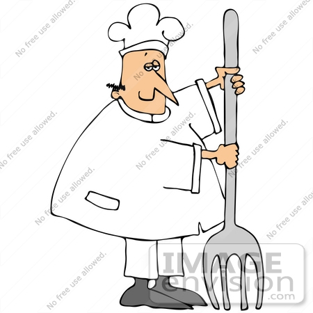 #34123 Clip Art Graphic of a Caucasian Chef Man In White, Holding Up A Giant Silver Fork by DJArt