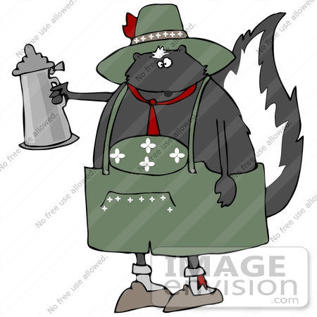 #34125 Clip Art Graphic of a Skunk In A Green Oktoberfest Uniform, Getting Drunk And Drinking Beer Through A Stein by DJArt