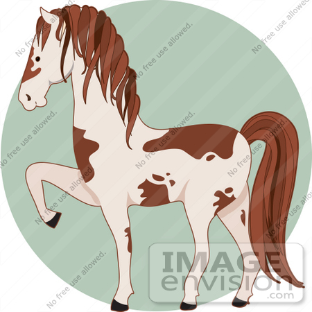 #34128 Clip Art Graphic of a Brown and White Pinto Horse Prancing by Maria Bell