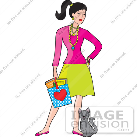 #34129 Clip Art Graphic of a Fashionable Young Woman Carrying a Bag and Standing With a Kitten by Maria Bell