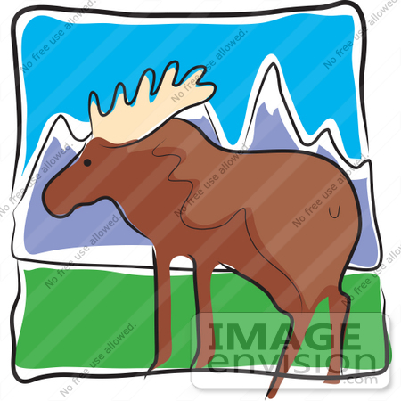 #34130 Clip Art Graphic of a Wild Brown Moose In A Pasture In The Mountains by Maria Bell