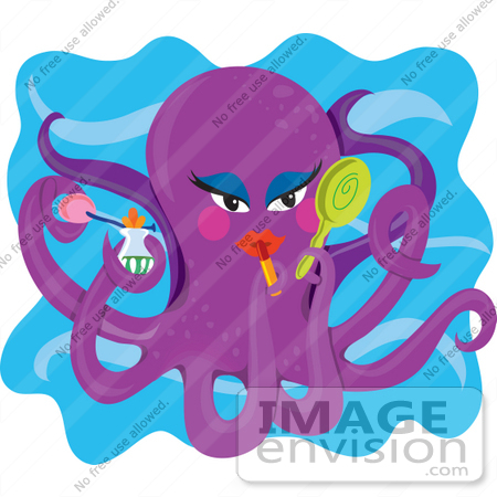#34133 Clip Art Graphic of a Beautiful Purple Octopus Applying Makeup And Using A Hand Mirror by Maria Bell