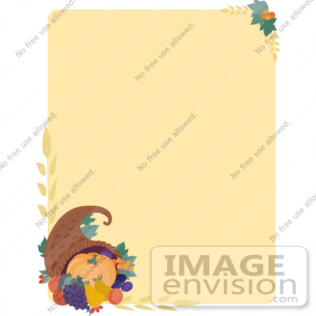 #34158 Clip Art Graphic of a Pumpkin, Grapes And Pears With Wheat In A Cornucopia Basket On A Thanksgiving Stationery Background by Maria Bell