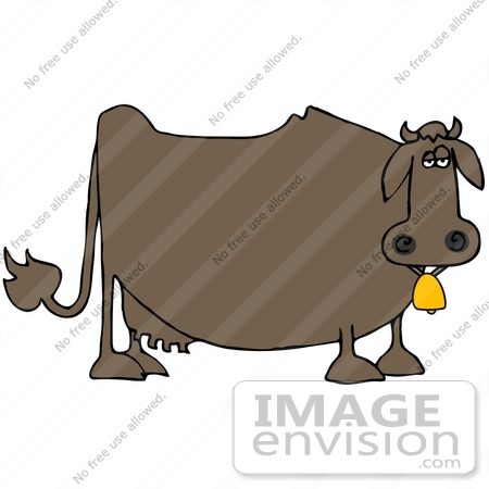 #34160 Clip Art Graphic of a Lonely Brown Fat Cow Wearing A Gold Bell On A Dairy Farm by DJArt