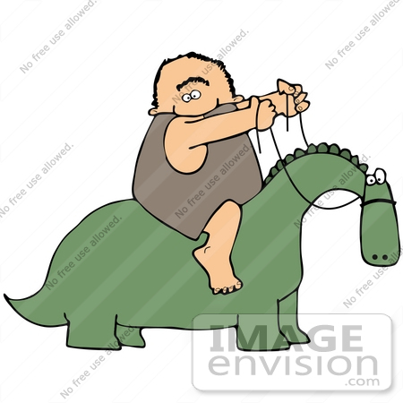 #34162 Clip Art Graphic of a Reined Dinosaur Transporting A Chubby Caveman by DJArt