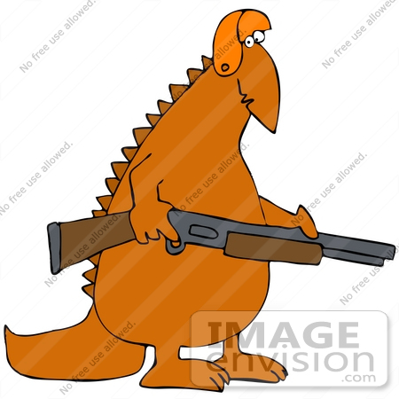 #34163 Clip Art Graphic of a Hunter Orange Dinosaur In A Hat, Carrying A Big Rifle by DJArt