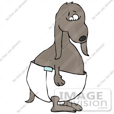 #34164 Clip Art Graphic of a Potty Training Dog Wearing A Big Bulky Diaper by DJArt