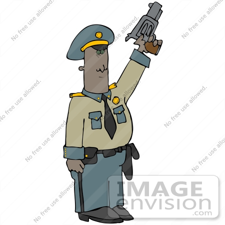 #34166 Clip Art Graphic of a Black Male Cop Shooting A Pistil Into The Air To Calm People by DJArt
