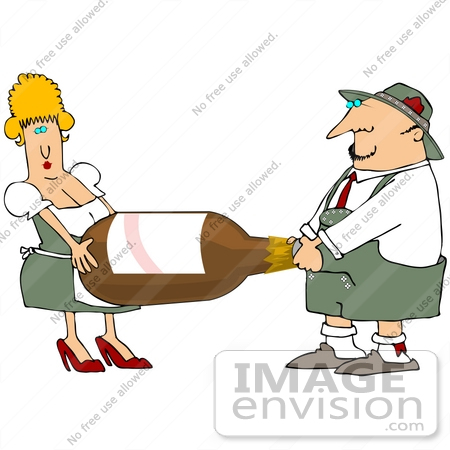 #34168 Clip Art Graphic of a Heavy Beer Bottle Being Carried By A Man And Woman by DJArt