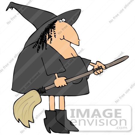 #34171 Clip Art Graphic of a Warty Witch In Black Preparing To Fly Off On Her Broomstick by DJArt