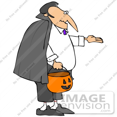 #34172 Clip Art Graphic of a Middle Aged Man Dressed As Dracula, Trick Or Treating by DJArt