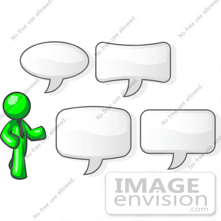 #34174 Clip Art Graphic of a Green Guy Character Wearing A Business Tie And Standing With Four Different Styled Text Balloons by Jester Arts
