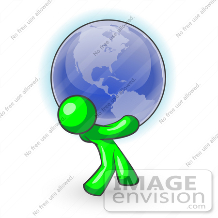 #34176 Clip Art Graphic of a Green Guy Character Bending Back And Carrying A Large Blue Globe by Jester Arts