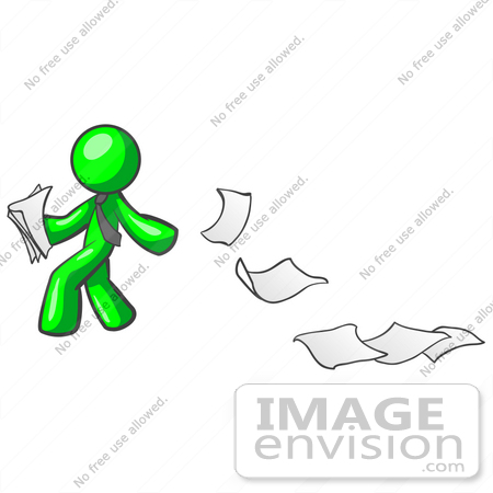 #34178 Clip Art Graphic of a Green Guy Character Wearing A Business Tie, Looking Back At Papers Blowing Away In A Breeze by Jester Arts