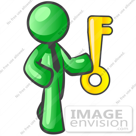 #34179 Clip Art Graphic of a Green Guy Character Wearing A Business Tie And Holding A Golden Key by Jester Arts
