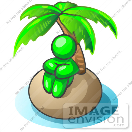 #34183 Clip Art Graphic of a Green Guy Character Seated In Thought Under The Shade Of A Palm Tree On A Deserted Tropical Island by Jester Arts