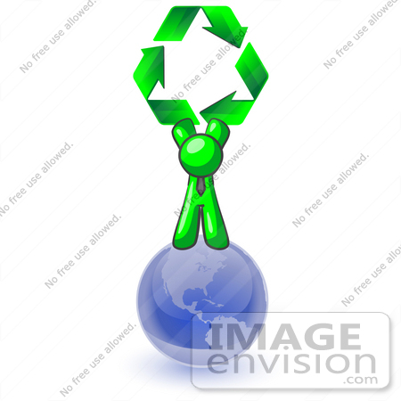 #34184 Clip Art Graphic of a Green Guy Character Wearing A Business Tie And Standing On Top Of A Blue Globe, Holding Green Recycle Arrows Up High by Jester Arts