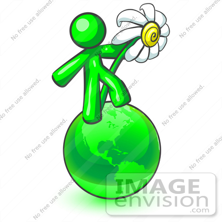 #34185 Clip Art Graphic of a Green Guy Character Dancing On A Green Globe With A White Daisy Flower by Jester Arts