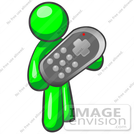 #34188 Clip Art Graphic of a Green Guy Character Holding A Giant Remote Control by Jester Arts