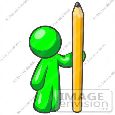 #34189 Clip Art Graphic of a Green Guy Character Holding Up A Giant Yellow Pencil by Jester Arts