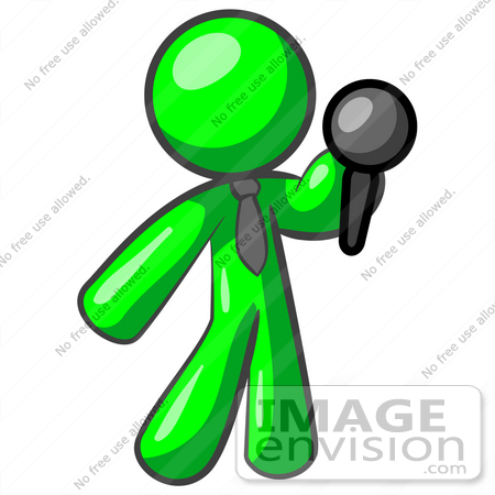 #34190 Clip Art Graphic of a Green Guy Character Wearing A Business Tie And Holding Out A Microphone by Jester Arts