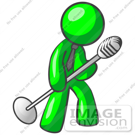 #34191 Clip Art Graphic of a Green Guy Character Wearing A Business Tie And Tipping A Microphone On A Stand While Rocking Out And Singing On Stage by Jester Arts