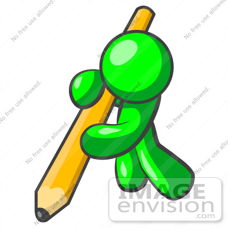 #34192 Clip Art Graphic of a Green Guy Character Leaning Heavily And Trying To Write A Message With A Yellow Pencil by Jester Arts
