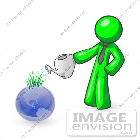#34194 Clip Art Graphic of a Green Guy Character In A Business Tie, Watering A Garden Of Sprouting Grasses On Top Of A Blue Globe by Jester Arts