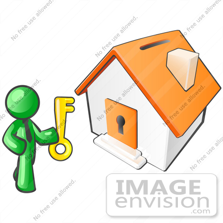 #34197 Clip Art Graphic of a Green Guy Character Holding A Golden Key And Standing In Front Of An Orange Home With A Coin Slot On The Roof And Key Hole In The Door by Jester Arts