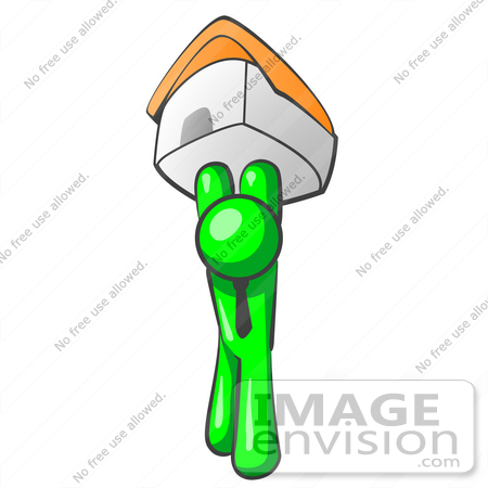 #34198 Clip Art Graphic of a Green Guy Character Holding His Home Up High To Keep Safe From Foreclosure by Jester Arts