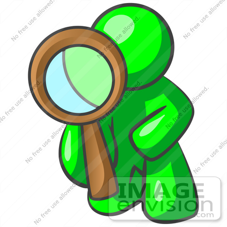 #34204 Clip Art Graphic of a Green Guy Character Kneeling And Looking Through A Magnifying Glass To Find A Solution To Pollution by Jester Arts