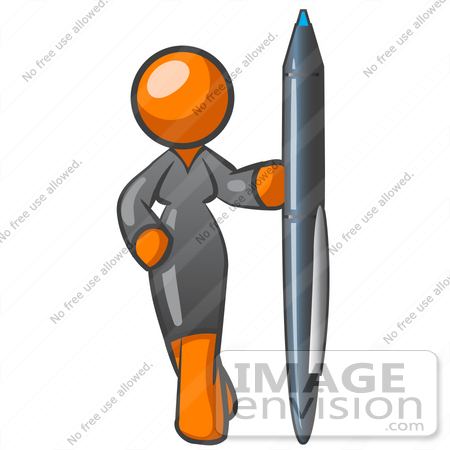 #34207 Clip Art Graphic of a Successful Orange Woman Character Wearing A Black Dress And Holding Up A Pen by Jester Arts