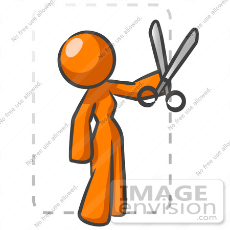 #34213 Clip Art Graphic of an Orange Woman Character Snipping A Coupoun From The Newspaper by Jester Arts