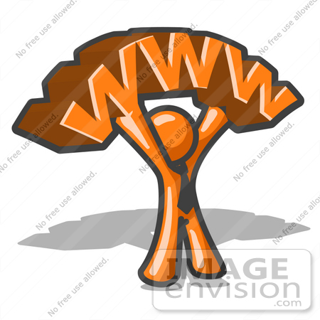 #34217 Clip Art Graphic of an Orange Man Character Wearing A Business Tie, Holding Up Www Over His Head In Front Of A Shadow by Jester Arts