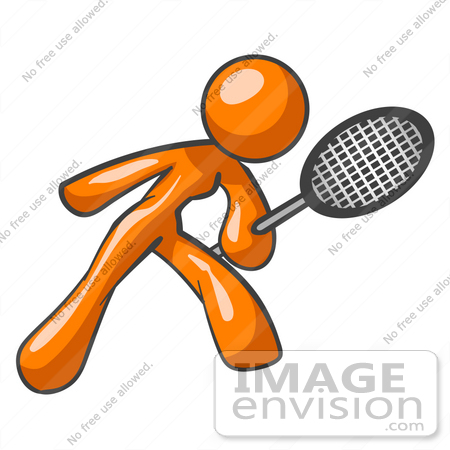 #34225 Clip Art Graphic of an Orange Woman Character Bending Slightly And Reaching Out With A Racket While Playing A Game Of Tennis by Jester Arts
