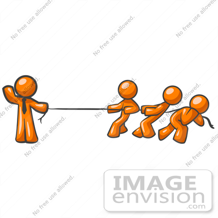 #34232 Clip Art Graphic of an Orange Guy Character Wearing A Business Tie And Waving While Holding One End Of A Rope And Competing In A Tug Of War Contest With Three Other People by Jester Arts