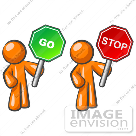#34234 Clip Art Graphic of Conflicting Orange Guy Characters Holding Red Stop And Green Go Signs by Jester Arts