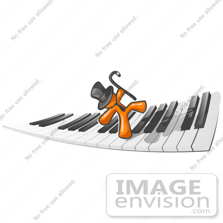 #34235 Clip Art Graphic of an Orange Guy Character Wearing A Tie And Top Hat And Dancing Across A Keyboard With A Cane by Jester Arts