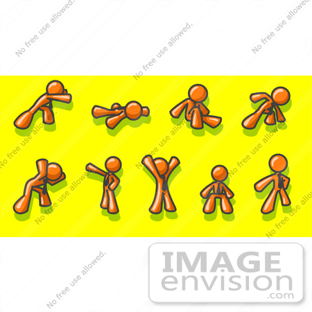 #34242 Clip Art Graphic of an Orange Guy Character Collection Of 9 Different Poses Showing Strength by Jester Arts