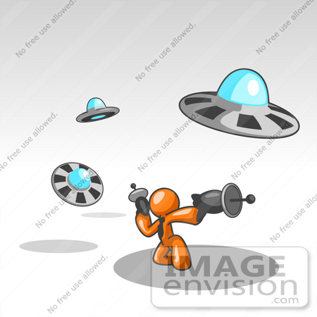 #34243 Clip Art Graphic of an Orange Guy Character In A Business Tie, Kneeling And Shooting Laser Guns At Attacking UFOs by Jester Arts
